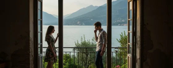 Una coppia è pensierosa guardando i vecchi serramenti della casa che hanno appena comprato, e pensano alla possibilità di cambiarli e alle difficoltà che questo comporta. Sullo sfondo c'è il lago di Garda.