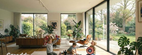 Ampio soggiorno moderno inondato di luce naturale con grandi vetrate scorrevoli a tutta altezza che danno su un giardino verde. In primo piano, tre bambini giocano seduti su un tappeto chiaro con action figure di supereroi.