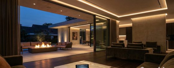 Ampio soggiorno di lusso al crepuscolo con vetrate scorrevoli panoramici Hi-Finity completamente aperte sul giardino. In primo piano su un tavolino, un tablet mostra l'interfaccia di controllo domotico per gestire l'apertura automatizzata.