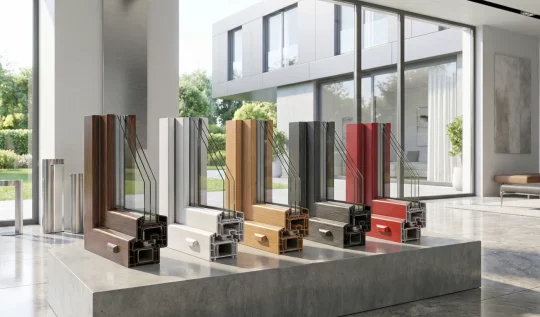 Cinque sezioni di profili per finestre in PVC di diversi colori e finiture, esposte su un basamento in cemento all'interno di un ambiente moderno e luminoso.