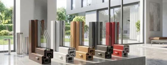 Cinque sezioni di profili per finestre in PVC di diversi colori e finiture, esposte su un basamento in cemento all'interno di un ambiente moderno e luminoso.