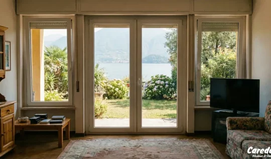 Soggiorno con vecchi serramenti ingombranti e arredo classico prima della ristrutturazione.