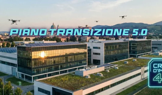 Complesso industriale moderno a Brescia con droni e pannelli solari. Testo sovrapposto: Piano Transizione 5.0 a Brescia e badge "Credito d'Imposta 45%".