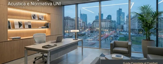 Foto di un moderno ufficio direzionale di lusso a Milano con vista panoramica al crepuscolo sullo skyline di Porta Nuova, inclusi grattacieli e strade con strisce luminose d'auto. Testo sovrapposto in alto a sinistra: "Serramenti per uffici direzionali" e "Acustica e Normativa UNI". Testo sovrapposto in basso a destra: "Guida Completa al Comfort" e "Soluzioni ad alto abbattimento acustico e requisiti UNI per gli uffici di lusso a Milano".
