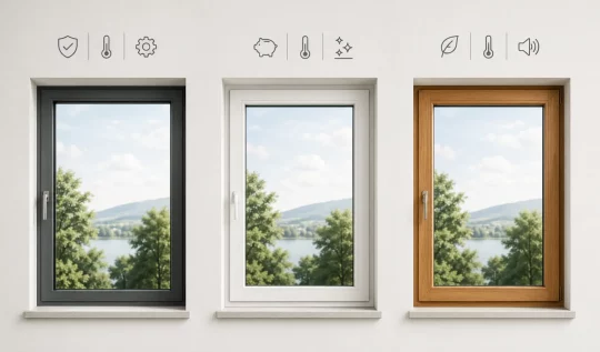Tre modelli di finestre affiancate (grigio scuro, bianca, finto legno) con icone che indicano sicurezza, isolamento termico e acustico.