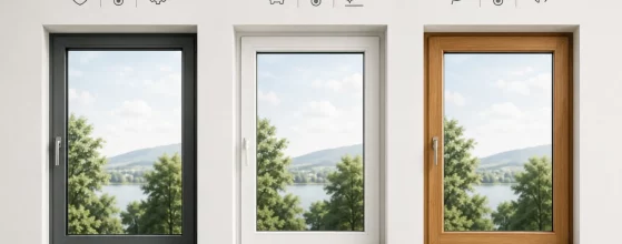 Tre modelli di finestre affiancate (grigio scuro, bianca, finto legno) con icone che indicano sicurezza, isolamento termico e acustico.
