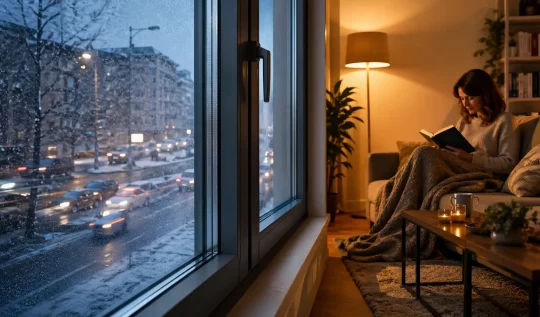 Donna che legge al caldo sul divano accanto a una grande finestra, mentre all'esterno nevica e c'è traffico cittadino.