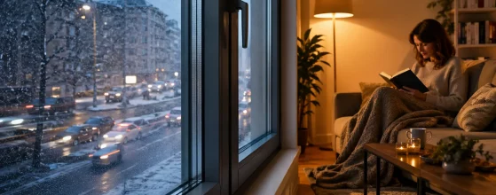 Donna che legge al caldo sul divano accanto a una grande finestra, mentre all'esterno nevica e c'è traffico cittadino.