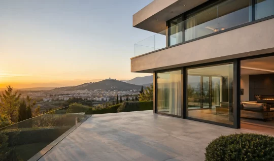Villa moderna a due piani con ampie vetrate scorrevoli affacciata su un panorama collinare e cittadino al tramonto.