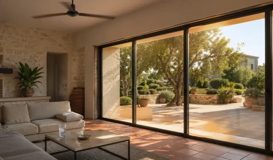 Ampie vetrate scorrevoli in un soggiorno dal design rustico che si aprono su un patio esterno soleggiato con alberi e piante.