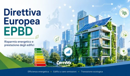 Banner informativo sulla Direttiva Europea EPBD per il risparmio energetico e la prestazione degli edifici. Mostra un edificio moderno sostenibile con pannelli solari e verde verticale, la scala delle classi energetiche da A a G, e il logo Careddu Windows & Doors. In basso i testi: Efficienza energetica, Edifici a zero emissioni, Transizione ecologica.