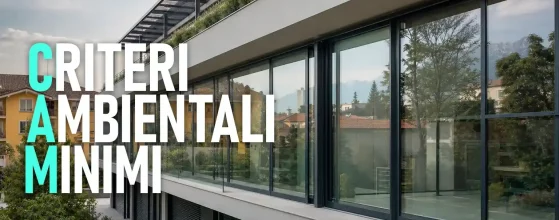 Edificio sostenibile con serramenti in alluminio certificati CAM, logo Careddu.