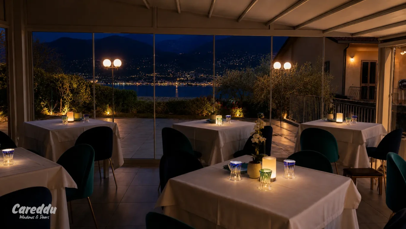 Terrazza di un ristorante chiusa con vetrate panoramiche VEPA trasparenti, vista notturna con luci del lago sullo sfondo e logo Careddu Windows e Doors in basso a sinistra.