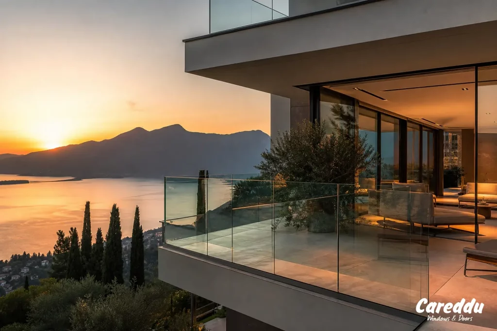 Parapetto in vetro Garda SP con profilo a vista su terrazza moderna. Sistema di balaustra certificato a Brescia e Lago di Garda.