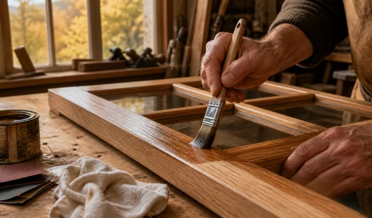 Mani di un artigiano che applica una vernice trasparente lucida su un telaio di una finestra in legno con un pennello.