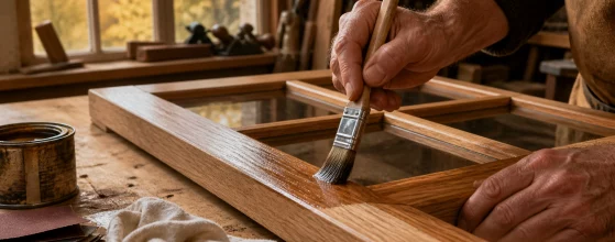 Mani di un artigiano che applica una vernice trasparente lucida su un telaio di una finestra in legno con un pennello.