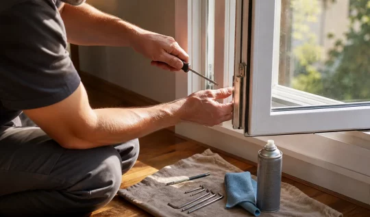 Persona che regola il meccanismo di chiusura di una finestra in PVC con un cacciavite.