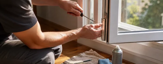 Persona che regola il meccanismo di chiusura di una finestra in PVC con un cacciavite.