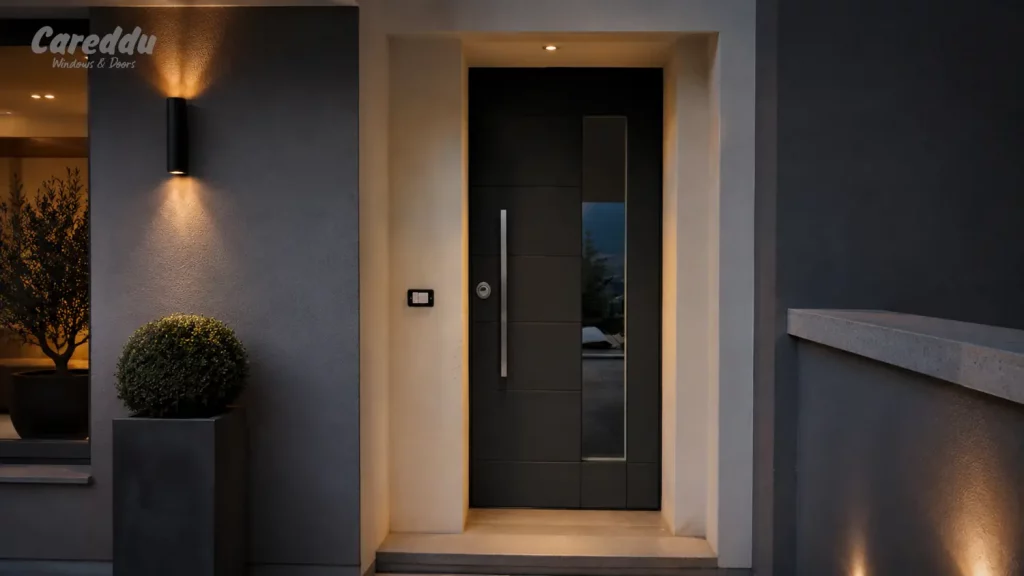 Porta blindata d'ingresso moderna di colore grigio scuro con inserto in vetro verticale, maniglione in acciaio inox e illuminazione serale.