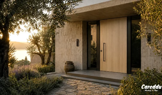 Porta dingresso in alluminio con finitura bronzo, villa moderna sul Lago di Garda al tramonto