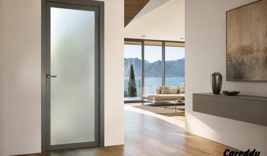 Porte interne alluminio e vetro satinato, luce naturale tra ambienti design elegante