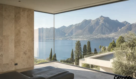 Vetrata fissa dangolo senza montante, villa moderna con vista Lago di Garda