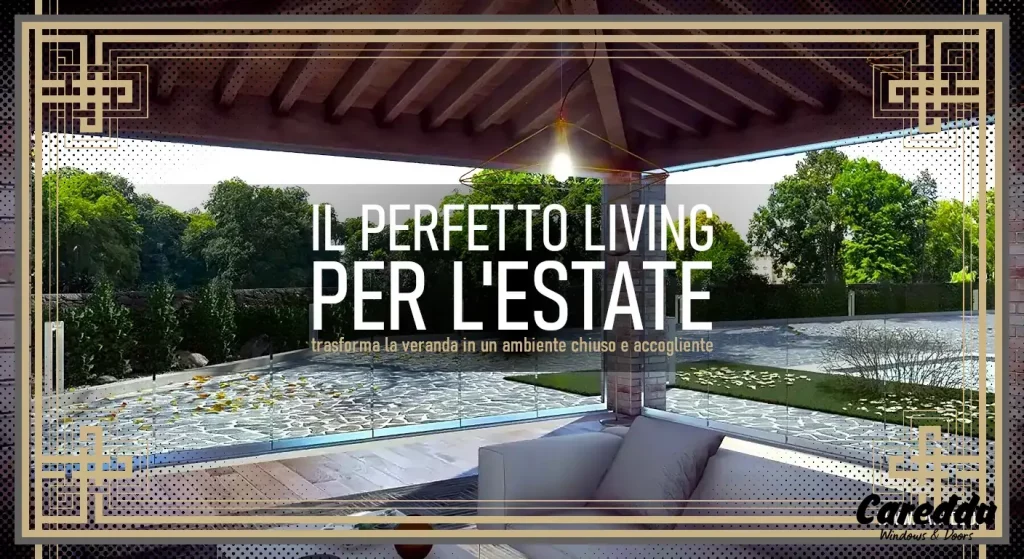 Living con vetrate panoramiche VEPA LG-500 Vetrata panoramica amovibile VEPA sistema LG-500 in soggiorno con vista aperta