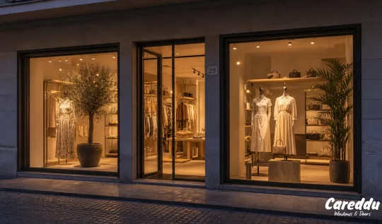 Vetrina negozio con serramenti Reynaers in alluminio, boutique italiana