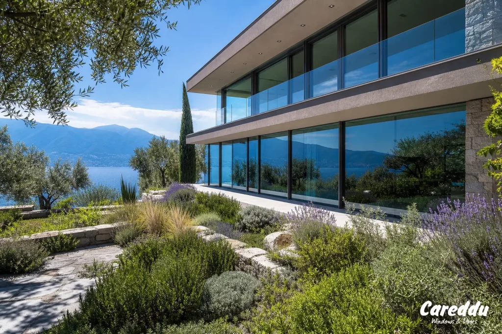 Vetri controllo solare villa Lago Garda, protezione termica riflesso blu estate 2026