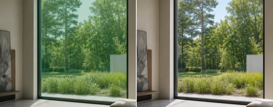 Confronto vetro extrachiaro vs vetro float standard, stessa luce stessa inquadratura