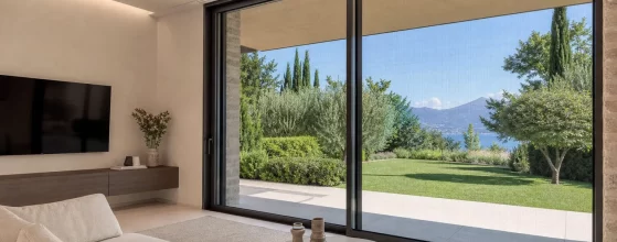 Soggiorno moderno Lago di Garda con porte scorrevoli alluminio e zanzariere integrate. Schermature solari per comfort estivo.
