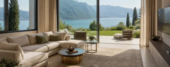 Vetri a controllo solare per serramenti in alluminio — villa moderna con ampie vetrate e vista lago