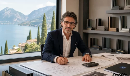 Consulente serramenti Careddu con planimetrie e campioni di profili in alluminio — preventivo infissi personalizzato