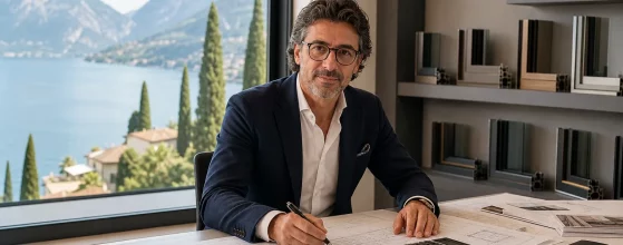 Consulente serramenti Careddu con planimetrie e campioni di profili in alluminio — preventivo infissi personalizzato
