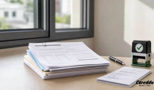 Documenti di ristrutturazione, timbro di verifica e ricevuta del bonifico parlante su scrivania