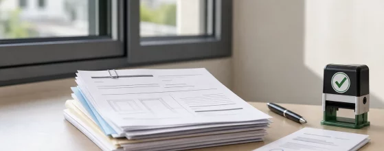 Documenti di ristrutturazione, timbro di verifica e ricevuta del bonifico parlante su scrivania