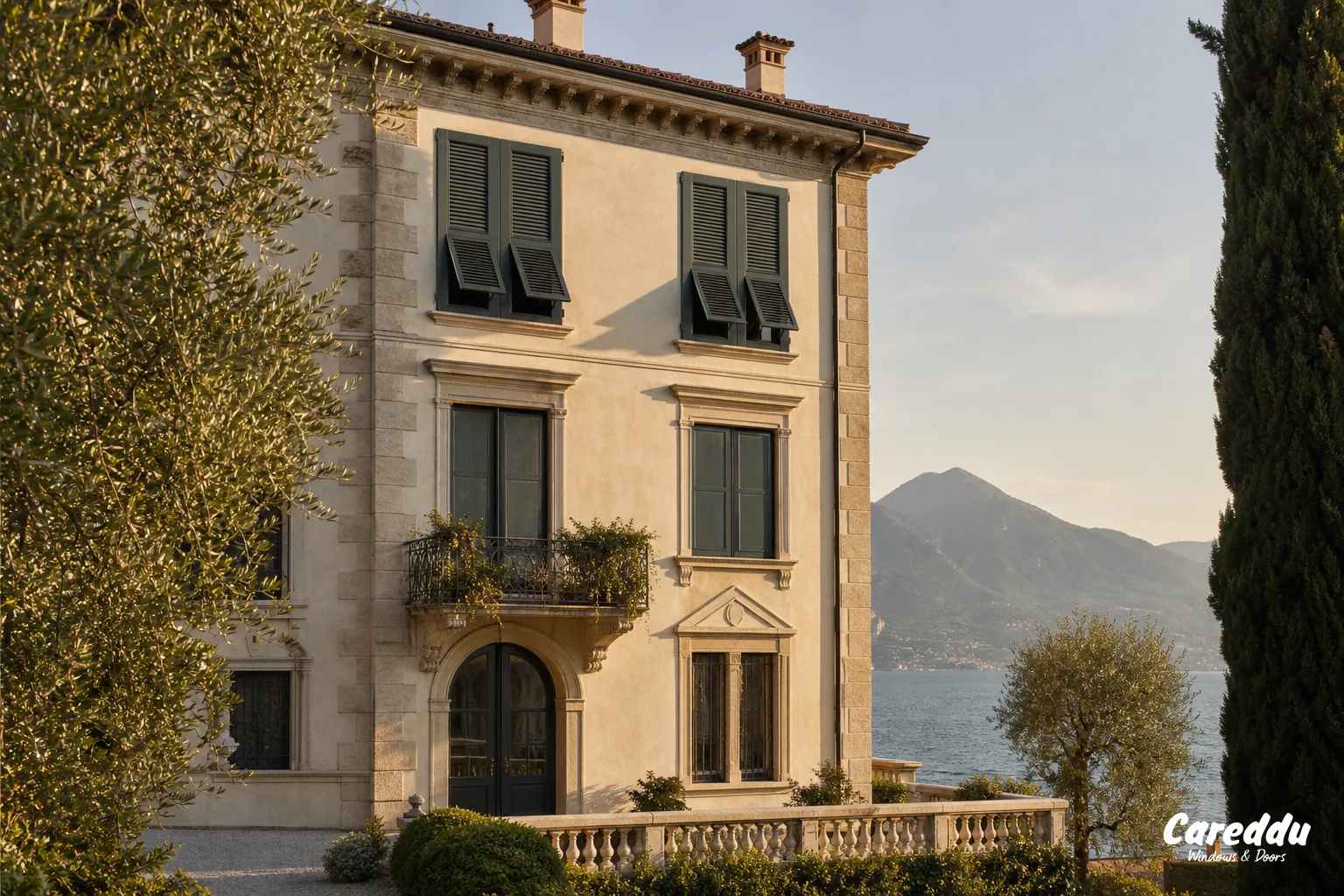 Persiane alla genovese in alluminio su una palazzina affacciata sul Lago di Garda