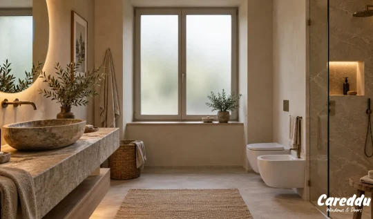Bagno moderno con finestra in vetro satinato che diffonde la luce naturale
