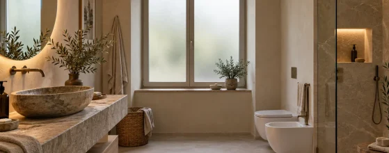 Bagno moderno con finestra in vetro satinato che diffonde la luce naturale