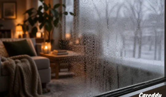 Condensa sui vetri in inverno: goccioline sulla finestra con soggiorno caldo sullo sfondo