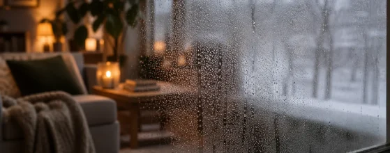 Condensa sui vetri in inverno: goccioline sulla finestra con soggiorno caldo sullo sfondo