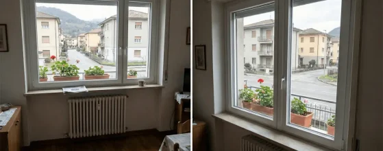 Finestra in alluminio installata a Vobarno, Val Sabbia: vista sul paesaggio