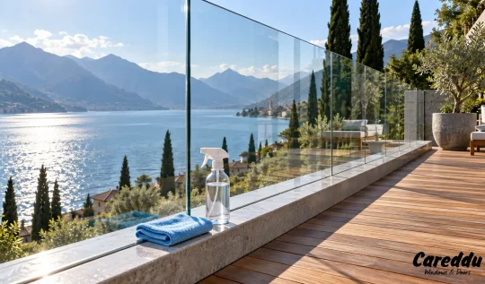 Parapetto in vetro pulito su terrazza sul lago, con panno e prodotti per la pulizia - Careddu