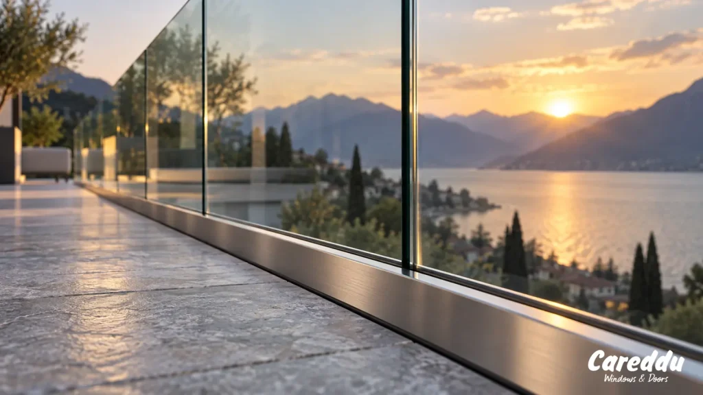 Parapetto in vetro al tramonto con riflessi del lago e profilo base in acciaio - Careddu