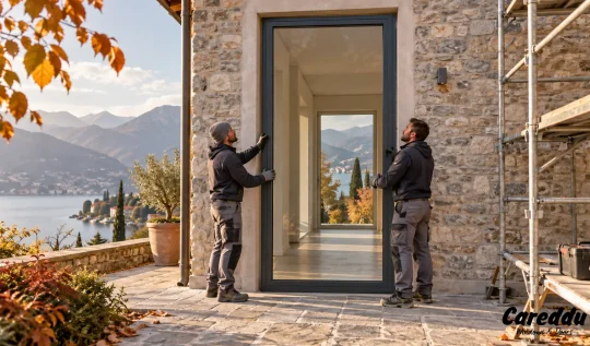 Posa degli infissi in autunno: installatori al lavoro su una casa in provincia di Brescia
