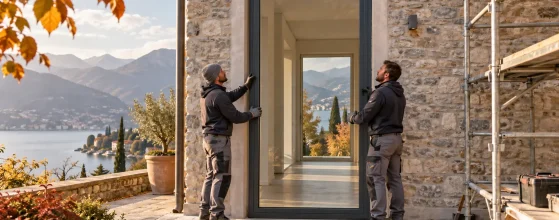Posa degli infissi in autunno: installatori al lavoro su una casa in provincia di Brescia