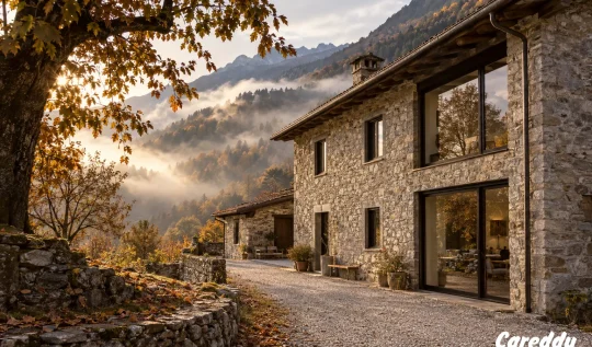 Rustico in Val Sabbia con nuove finestre in alluminio: neve e nebbia sulle montagne