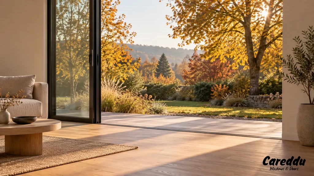 Vista interna da uno scorrevole alzante in alluminio aperto sul giardino autunnale - Careddu