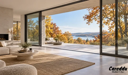 Scorrevole alzante in alluminio aperto su terrazzo autunnale con vista lago - Careddu