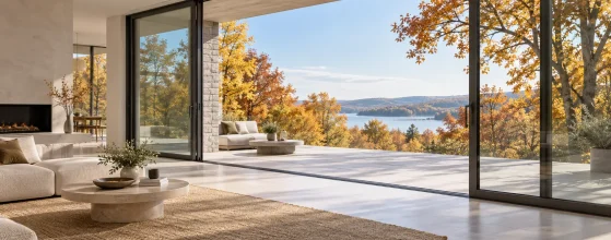 Scorrevole alzante in alluminio aperto su terrazzo autunnale con vista lago - Careddu